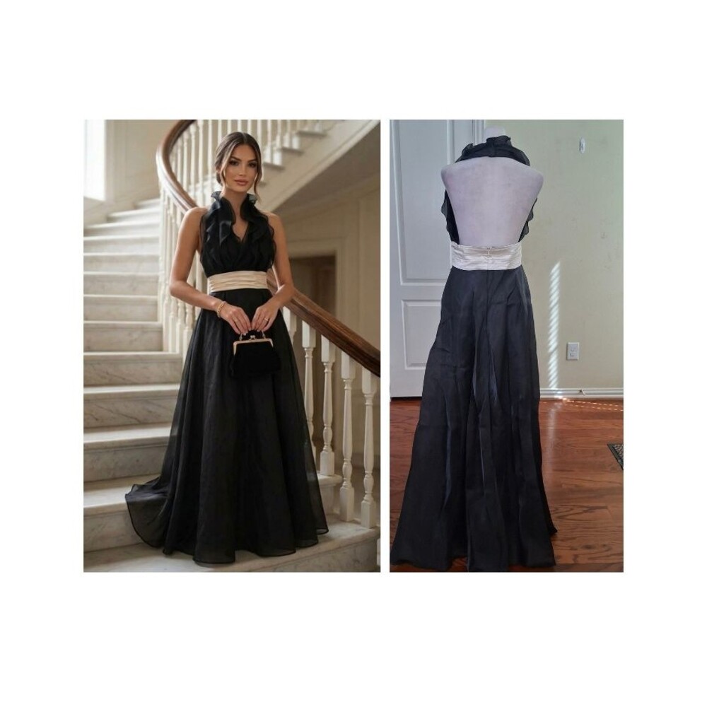 Calvin Klein Ruffle Halter Formal Long Gown S Black Tie Mother Bride Prom Gala